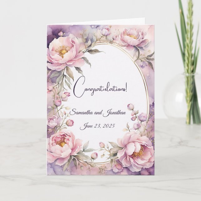 Stylish Pink Peony Watercolor Wedding  Card (Front)