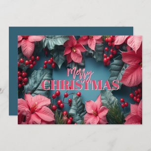 Stylish Pink Poinsettias Business Logo Christmas Holiday Card