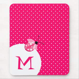 Stylish Pink Polka Dot With Ladybug & Monogram Mouse Pad