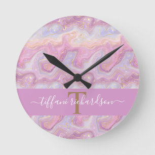  Stylish Pink Purple Gold Agate Geode Round Clock