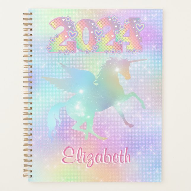 Stylish Pink Rainbow unicorn Glitter 2024 Planner (Front)