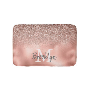 Stylish Pink Rose Gold Glitter Confetti Monogram Bath Mat
