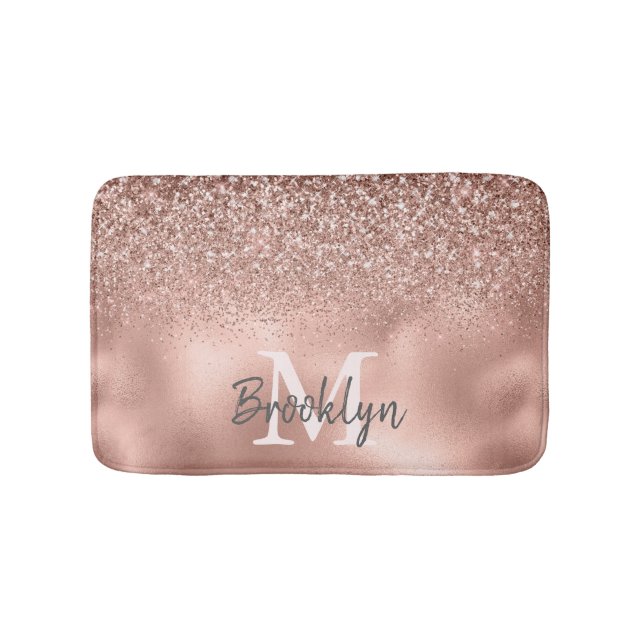 Stylish Pink Rose Gold Glitter Confetti Monogram Bath Mat (Front)