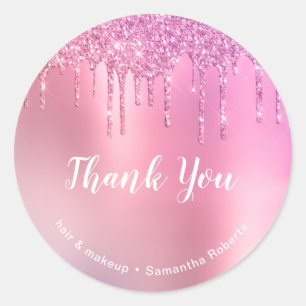 Stylish pink rose gold glitter drips hair & makeup classic round sticker