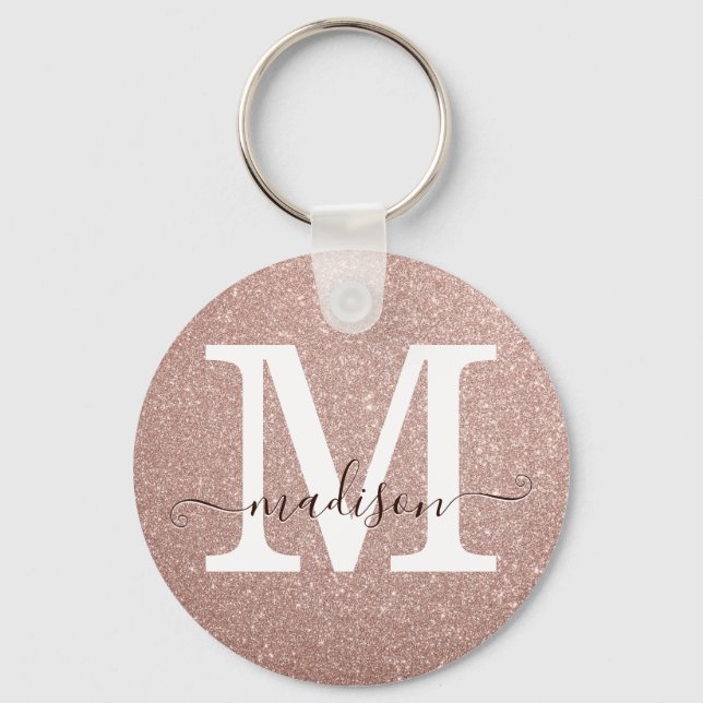 Stylish Pink Rose Gold Glitter Monogram Script Key Ring (Front)