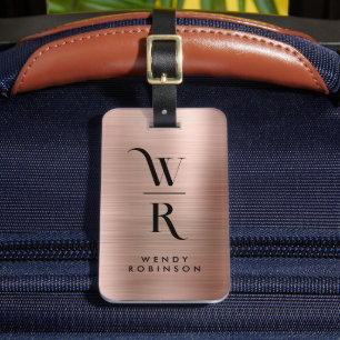 Stylish Pink Rose Gold Metal Two Monogram Initial Luggage Tag