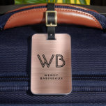 Stylish Pink Rose Gold Metal Two Monogram Initial  Luggage Tag<br><div class="desc">Elegant Chic Stylish Two Monogram Initial Name Rose Gold Metal Custom Personalised Luggage Bag Tag. This design featuring full name typography with 2 monogram initial (in double line typeface font style), address info on faux Rose Gold Brushed metal (Pink Rose gold metallic foil look) background. These are easy to customise...</div>