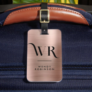 Stylish Pink Rose Gold Metal Two Monogram Initial Luggage Tag