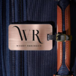 Stylish Pink Rose Gold Metal Two Monogram Initial  Luggage Tag<br><div class="desc">Stylish Elegant Chic Bold Two Monogram Initial Name Rose Gold Metal Custom Personalised Luggage Bag Tag. This design featuring full name typography with 2 monogram initial, address info on faux Rose Gold Brushed metal (Pink Rose gold metallic foil look) background. These are easy to customise it. Stylish feminine or masculine...</div>