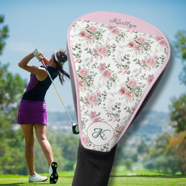 Stylish Pink Roses Name Monogram Golf Head Cover (Creator Uploaded)