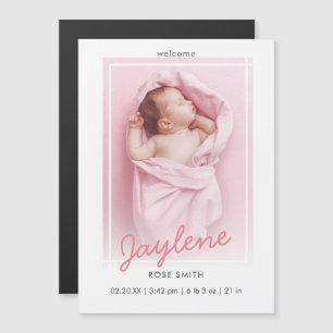 Stylish Pink Script Photo Birth Announcement