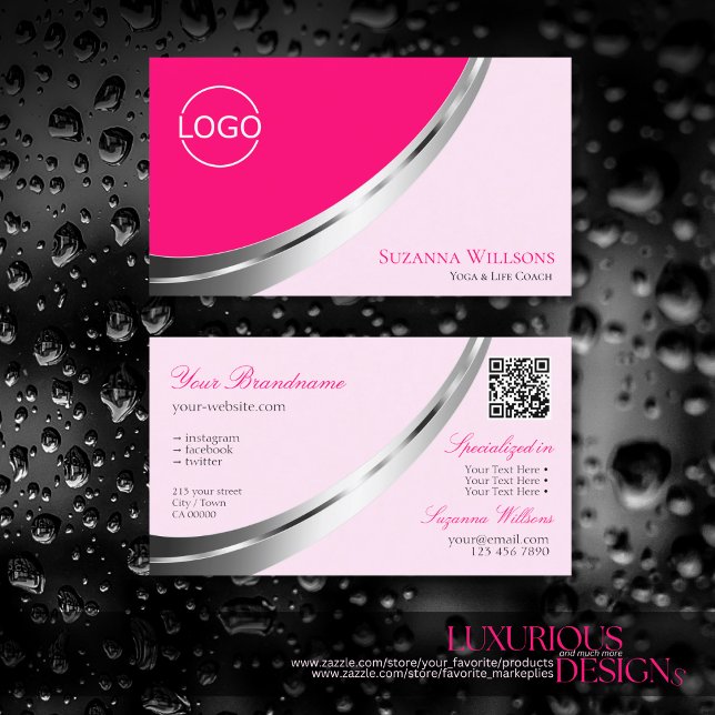 Stylish Pink Silver Decor with Logo and QR-Code Business Card (Creator Uploaded)