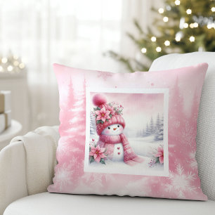 Stylish Pink Snowman Winter Scene Kids Gift Pillow