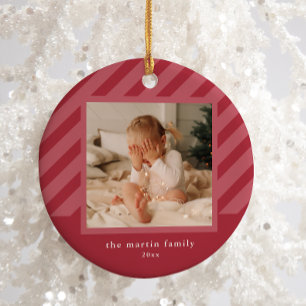 Stylish Pink Stripe Simple Photo Christmas Cerami Ceramic Tree Decoration