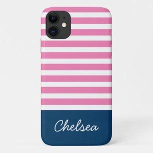 Stylish Pink Stripes Blue Name Case-Mate iPhone Case