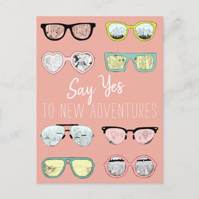 Stylish Pink Sunglasses Pattern Adventure Quote Postcard (Front)