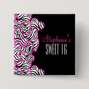 Stylish Pink Sweet 16 Zebra Heart Design Name  15 Cm Square Badge