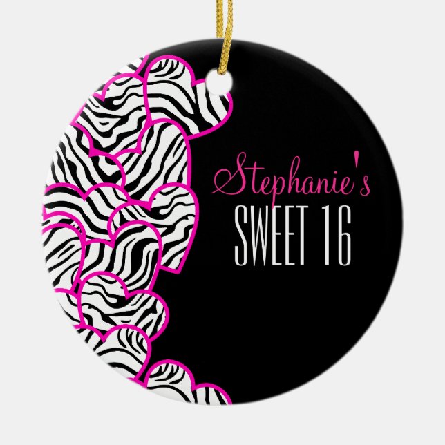Stylish Pink Sweet 16 Zebra Heart Design Name  Ceramic Tree Decoration (Front)