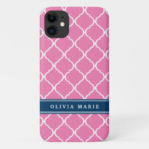 Stylish Pink Trellis Pattern Navy Blue Nameplate Case-Mate iPhone Case