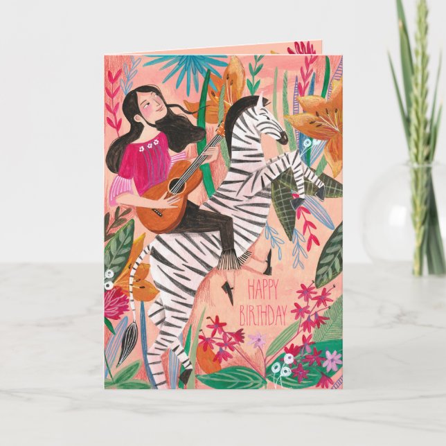 Stylish pink tropical zebra girly Happy Birthday Card (Front)