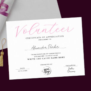 Stylish Pink Volunteer Certificate Of Appreciation Poster