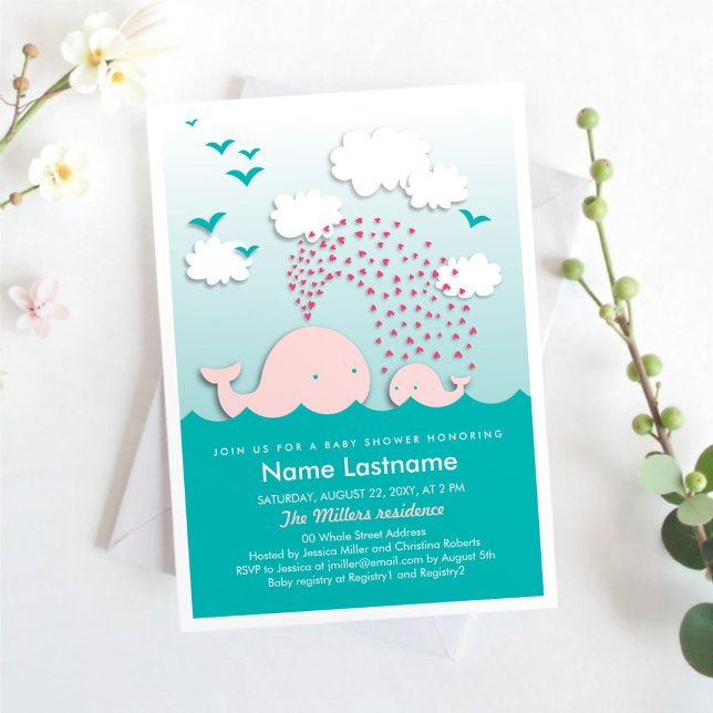 Stylish Pink Whales Hearts Mint Baby Shower Invitation (Creator Uploaded)