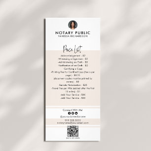Stylish Pink & White QR Code Notary Price List Rack Card