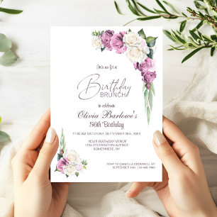Stylish Pink White Rose Floral Birthday Brunch Invitation