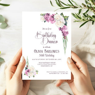 Stylish Pink White Rose Floral Birthday Dinner Invitation