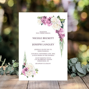 Stylish Pink White Rose Floral Wedding Invitation