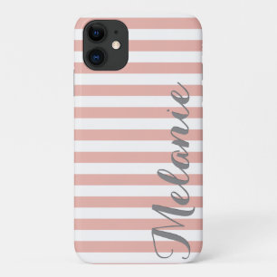 Stylish Pink White Stripes Pattern and Name Case-Mate iPhone Case