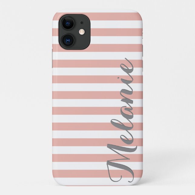 Stylish Pink White Stripes Pattern and Name Case-Mate iPhone Case (Back)