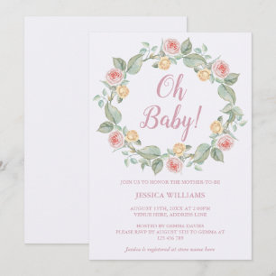 Stylish Pink & Yellow Roses Wreath Baby Shower Invitation