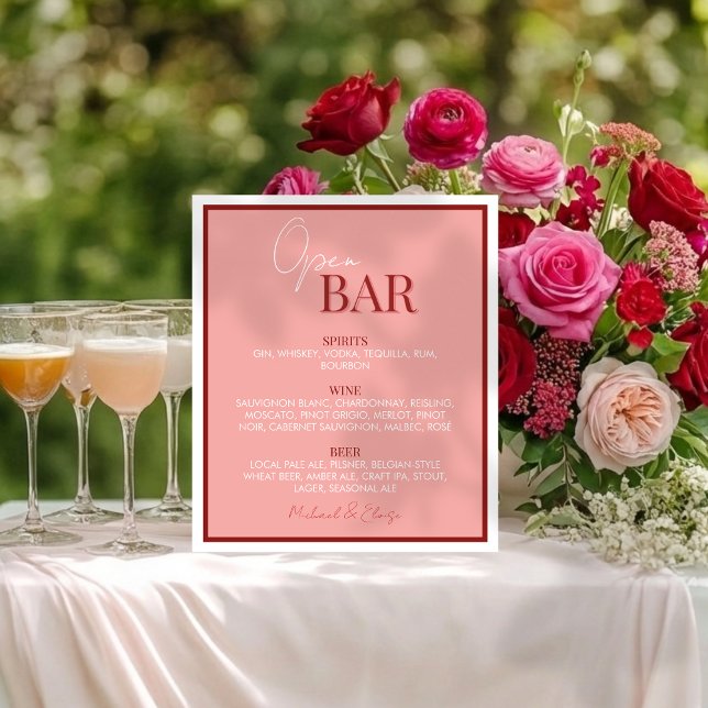 Stylish Pinky Pink Open Bar Wedding Pedestal Sign (Accent your cocktail hour bar in style with this Stylish Pinky Pink Open Bar Wedding Sign!)