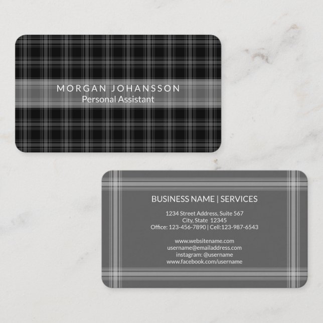 Stylish Plaid Pattern Unique Black, White and Grey Business Card (Front/Back)