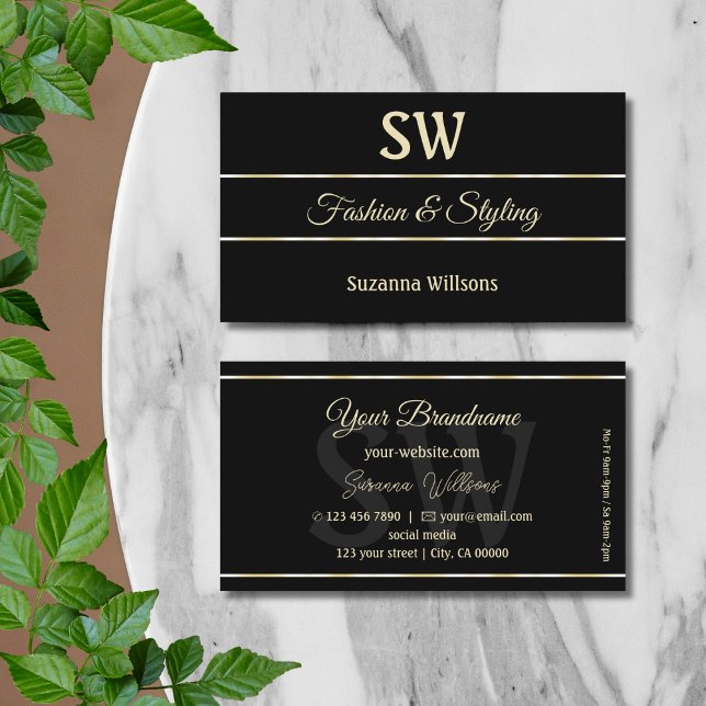 Stylish Plain Black Golden Stripes with Monogram Business Card (Creator Uploaded)