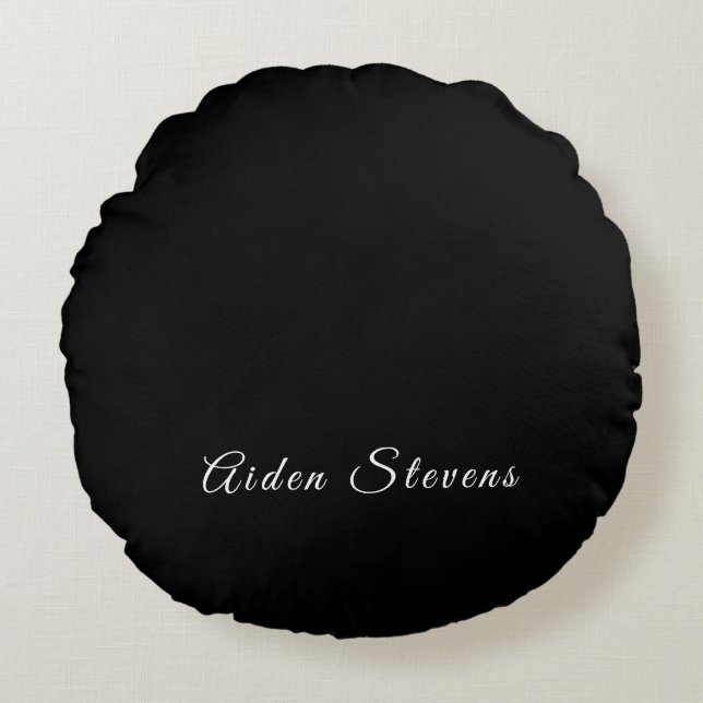 Stylish Plain Black & White Minimalist Add Name Round Cushion (Front)