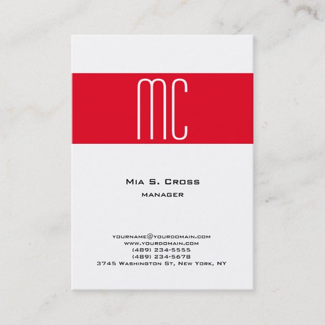 Stylish plain minimalist red stripe white monogram business card (Front)