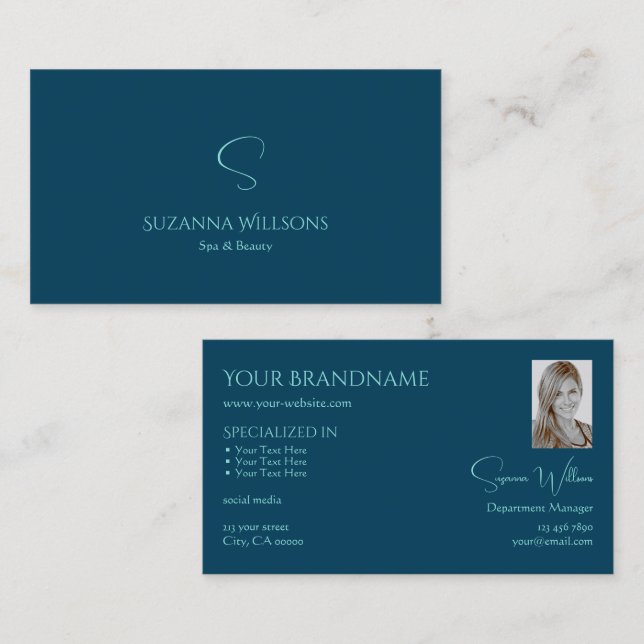 Stylish Plain Ocean Blue with Monogram and Photo Business Card (Front/Back)