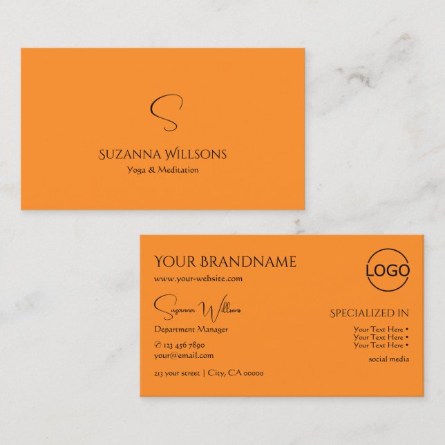 Stylish Plain Orange with Monogram and Logo Modern Business Card (Front/Back)