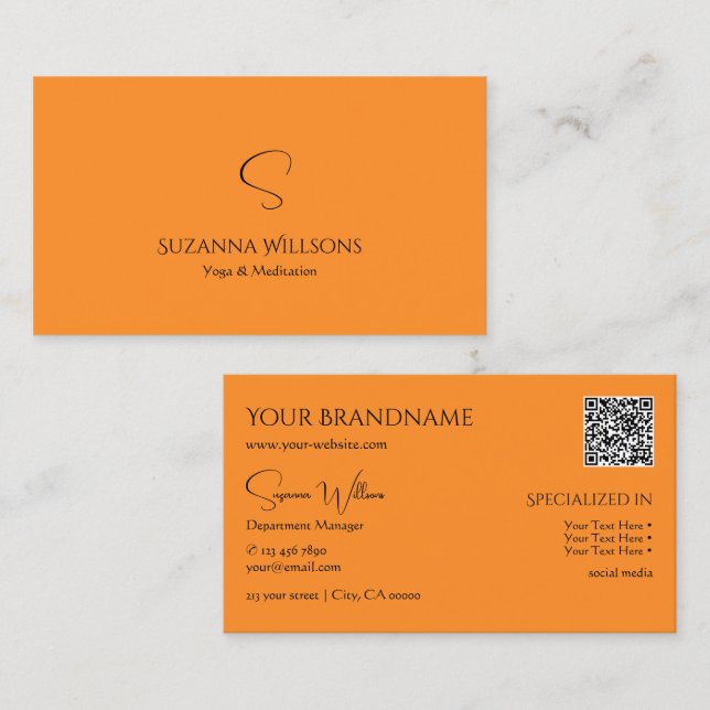 Stylish Plain Orange with Monogram and QR Code Business Card (Front/Back)