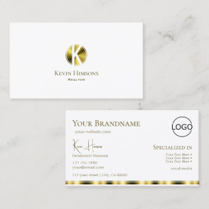 Stylish Plain White Gold with Monogram and Logo Business Card