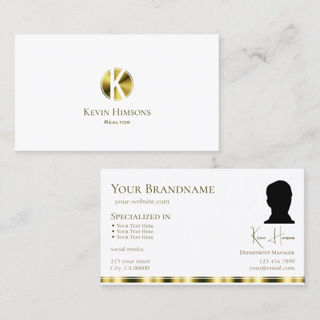 Stylish Plain White Gold with Monogram and Photo Business Card (Front/Back)