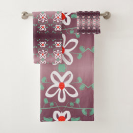 Stylish Plum and Red Floral Bath Towel Set