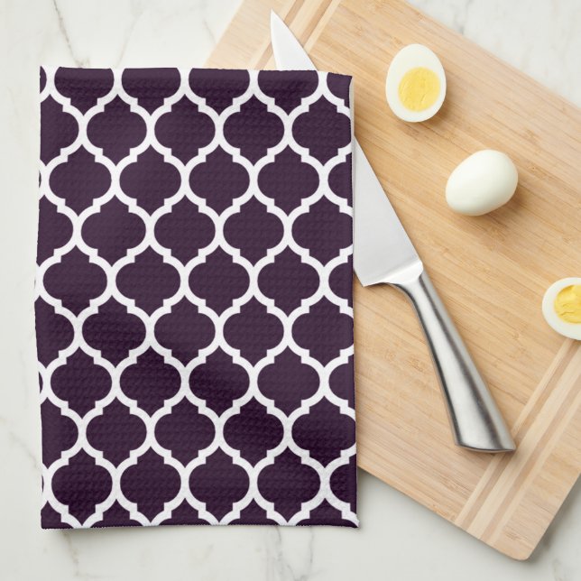 Stylish Plum Purple Moroccan Quatrefoil Pattern Tea Towel (Quarter Fold)