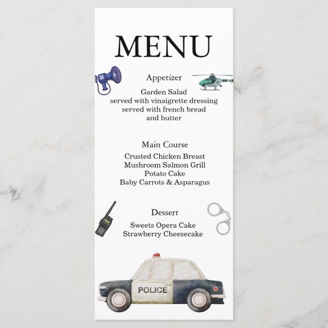 Stylish Police Kids Birthday Menu (Front)