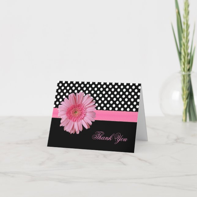 Stylish Polka Dot & Pink Daisy Thank You Card (Front)