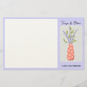 Stylish polka dot vase with lavender design stationery