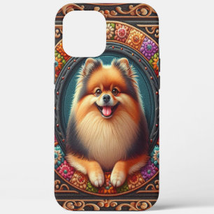 Stylish Pomeranian Dog Floral Colourful Border iPhone 12 Pro Max Case