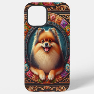 Stylish Pomeranian Dog Floral Colourful Border iPhone 12 Pro Max Case